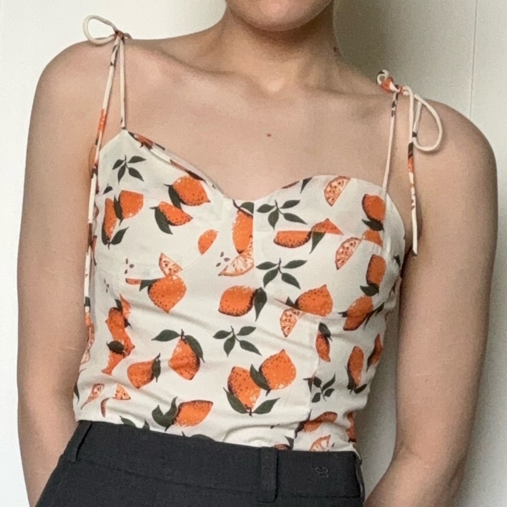 Cream Spaghetti Strap Top with Oranges Whimsical Fruit Print